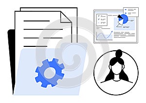 Data management folder with analytics dashboard and user profile