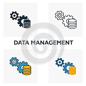 Data Management icon set. Four elements in diferent styles from industry 4.0 icons collection. Creative data management icons