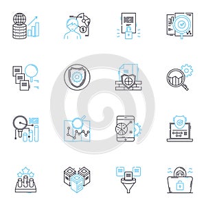 Data management linear icons set. Database, Analytics, Security, Backup, Integration, Migration, Cleansing line vector