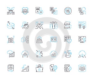 Data management linear icons set. Database, Analytics, Security, Backup, Integration, Migration, Cleansing line vector