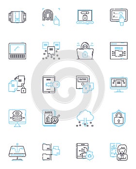 Data management linear icons set. Organization, Storage, Retrieval, Analysis, Governance, Security, Manipulation line