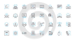 Data management linear icons set. Organization, Storage, Retrieval, Analysis, Governance, Security, Manipulation line