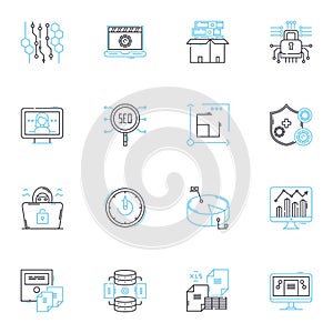 Data management linear icons set. Organization, Storage, Retrieval, Analysis, Governance, Security, Manipulation line