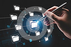 Data management system concept with hand using stylus on digital interface for file organization and storage