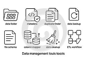 Data Management Tools Icons Set: Folder, Metadata, Duplicate Finder, Backup, Schema, Mapper, Cleanup, ETL