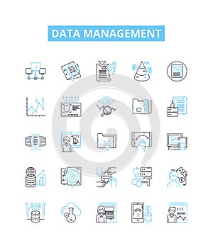 Data management vector line icons set. Data, Management, Storage, Organization, Retrieval, Analysis, Integration