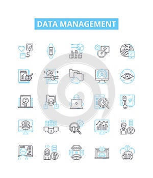 Data management vector line icons set. Data, Management, Storage, Organization, Retrieval, Analysis, Integration