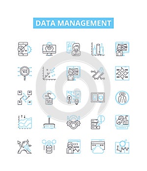Data management vector line icons set. Data, Management, Storage, Organization, Retrieval, Analysis, Integration