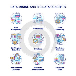 Data mining and big data concept icons set