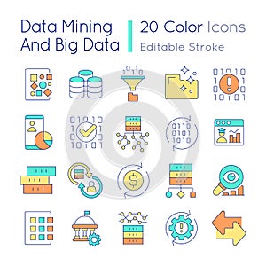 Data mining and big data RGB color icons set