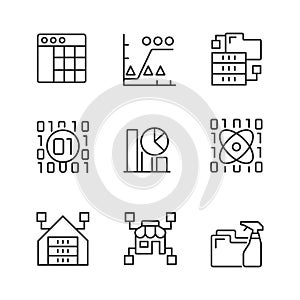 Data mining in industry linear pixel perfect icons set