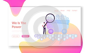 Data Mining Machine Coding Algorithm Website Landing Page. Businessman with Huge Magnifying Glass