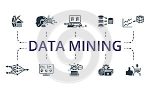 Data mining set. Creative icons: data minig, machine learning, computer science, data integration, predictive modeling
