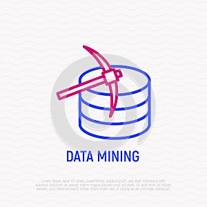 Data mining thin line icon: pickaxe and server
