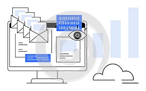 Digital Data Monitoring and Communication Concept with Emails, Binary Code, and Analytics