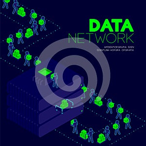 Data network concept, man pictogram transfer data to isometric Storage hard disk illustration poster and banner design isolated on