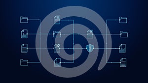 Data network featuring connected to various file types on digital interface. cloud computing and data security concepts. 3D