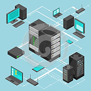 Data network management vector isometric map with business networking servers, computers and device