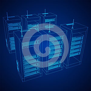Data network server in cabinet. Diagnostic test in computer room technology