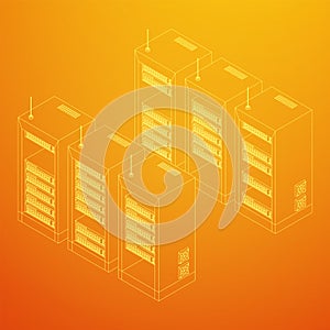 Data network server in cabinet. Diagnostic test in computer room technology