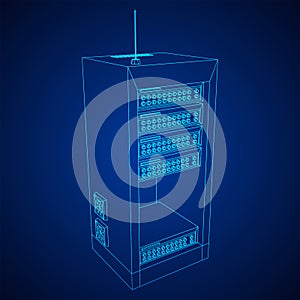 Data network server in cabinet. Diagnostic test in computer room technology
