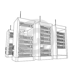 Data network server in cabinet. Diagnostic test in computer room technology