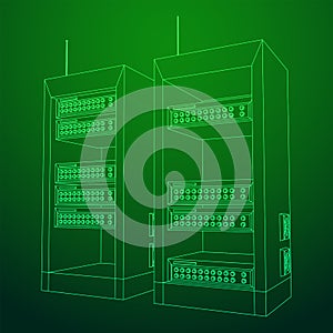 Data network server in cabinet. Diagnostic test in computer room technology
