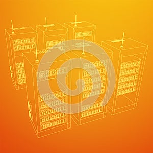 Data network server in cabinet. Diagnostic test in computer room technology