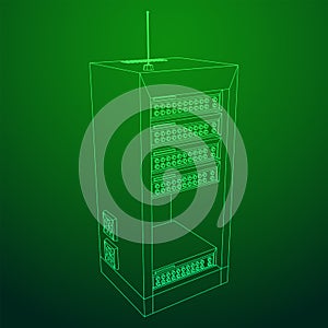Data network server in cabinet. Diagnostic test in computer room technology