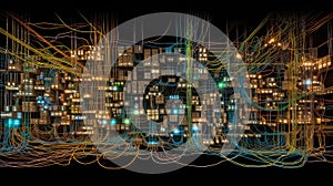 Data packets flowing through cables and routers, visualizing the intricate pathways of digital communication that make up the