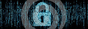 Data Padlock Composed of Ones and Zeroes Displayed on Digital Tablet Interface With a Futuristic Background of Binary