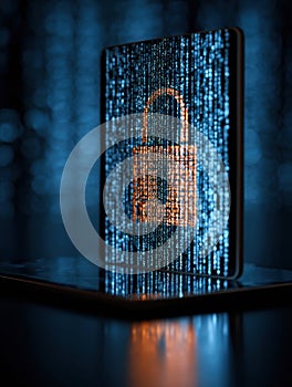 Data Padlock Formed by Binary Code Displayed on a Tablet Interface Emphasizing Cybersecurity and Digital Protection in a