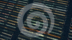 Data with passwords and IP addresses of network. Animation. Rows with personal electronic data of users within network