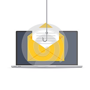 Data phishing, hacking online scam on computer laptop concept. Fishing by email, envelope and fishing hook.