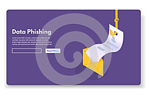 Data phishing isometric, hacking online scam. Fishing by email, envelope and fishing hook. Cyber thief.