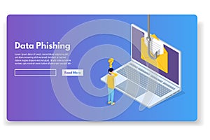 Data phishing isometric, hacking online scam. Fishing by email, envelope and hook. Cyber thief.