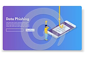 Data phishing isometric, hacking online scam. Fishing by email, envelope and hook. Cyber thief.