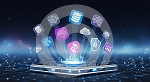 Data Platform with Cloud Computing and Security Icons on Abstract Background