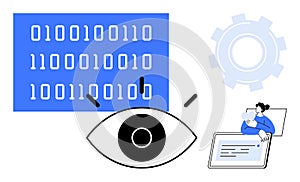 Data Privacy and Security Concept with Binary Code, Eye Symbol, and Digital User Interaction