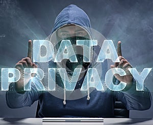 Data privacy concept with hacker stealing personal information