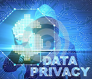 Data privacy concept with hacker stealing personal information