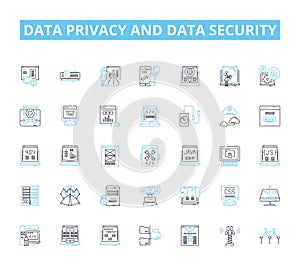Data privacy and data security linear icons set. Encryption, Firewall, Breach, Cybercrime, Authentication, Privacy