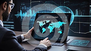 Data privacy expert using a tablet with a digital interface overlay showing security measures, encryption protocols, and