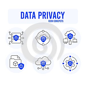 Data privacy Icons.Data compliance. Data solutions. Data regulations. Vector Icons