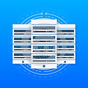 Data Processing Center. Abstract digital storage. Connecting the server farm to the Internet. Database concept. Vector