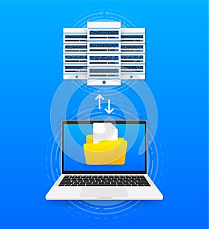 Data Processing Center. Connecting the server farm to the computer with files. Abstract digital storage. Database
