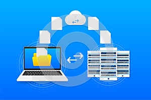 Data Processing Center. Connecting the server farm to the computer with files. Abstract digital storage. Database
