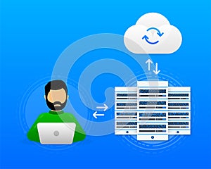 Data Processing Center. Connecting the server farm to the computer with files and cloud. Abstract digital storage