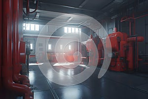 Data processing center. Server room in red light. Neural network AI generated