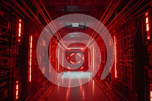 Data processing center. Server room in red light. Neural network AI generated